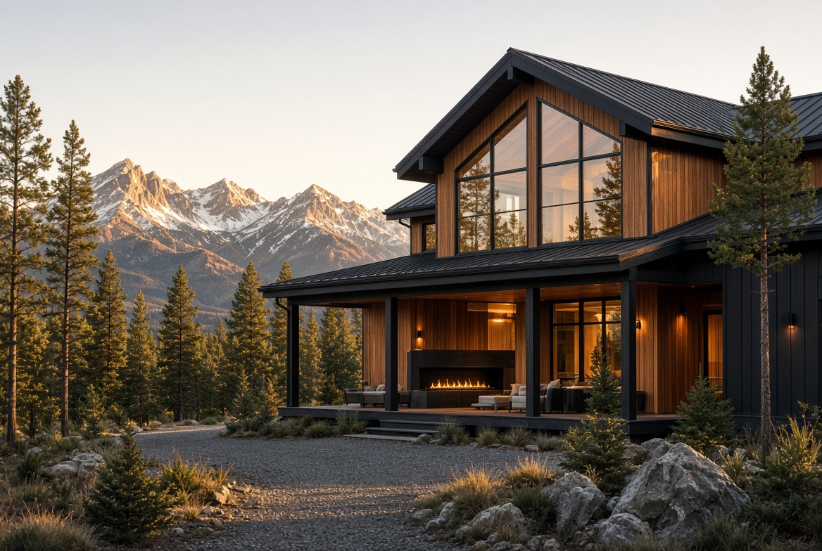 Mountain modern custom home exterior at dusk